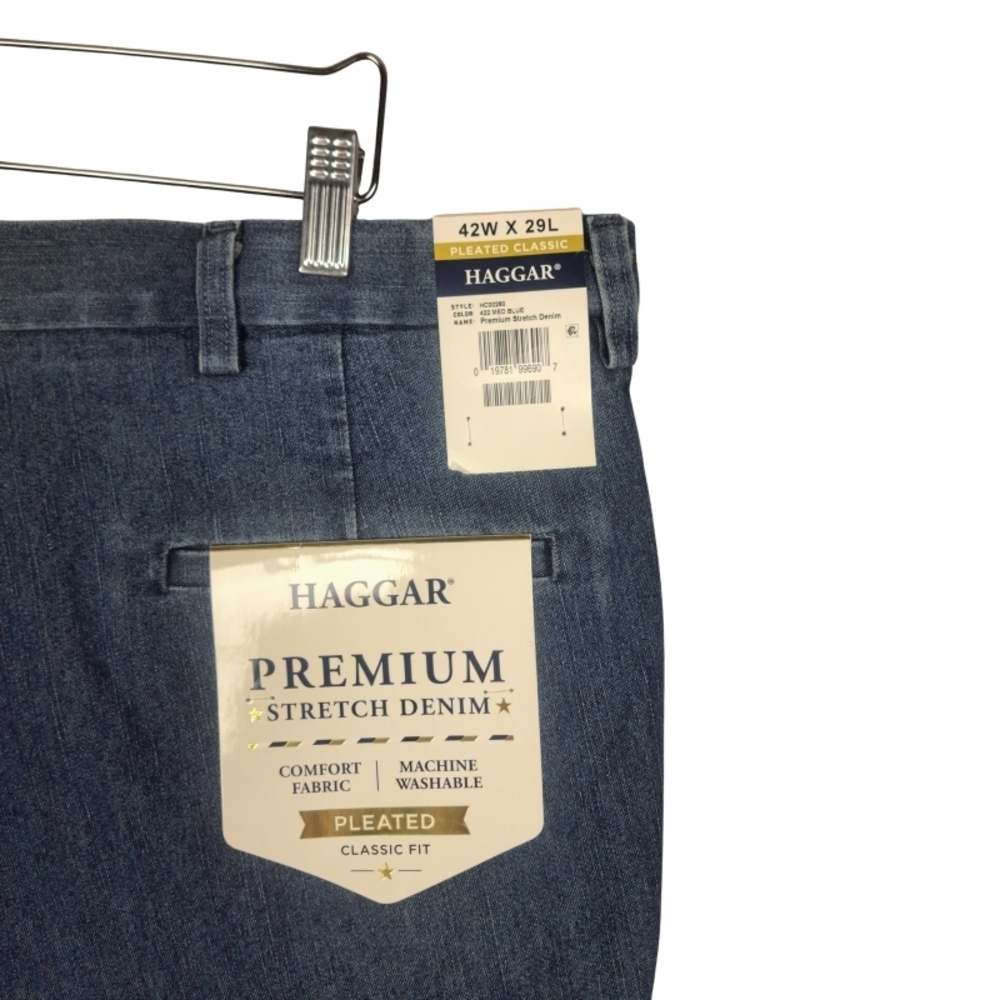 NWT Haggar Men's Pleated Premium Stretch Comfort Fabric Denim 42X29 - Picture 6 of 8